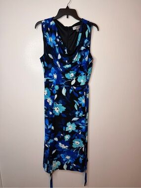 Kasper Blue Floral Cowl Neck Sleeveless Dress